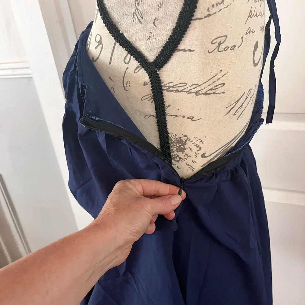 NWT Navy Blue Tiered Halter Mini Sundress Smocked Sz Small Tie Neck Bohemian - Picture 7 of 10